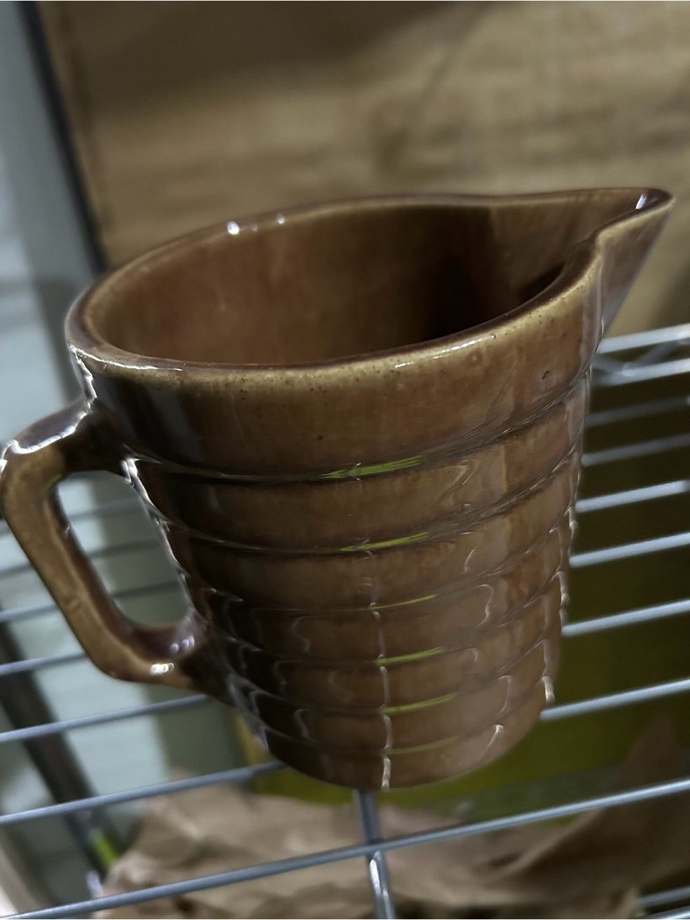 Vintage Western Stoneware Brown Ribbed Pitcher Jug USA Farmhouse